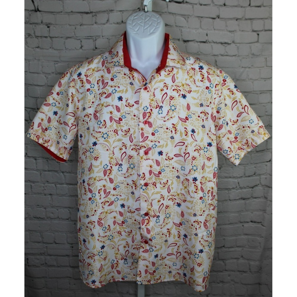 Suslo Couture Shirt Mens Large White Red Paisley Print Short Sleeve Button Up
